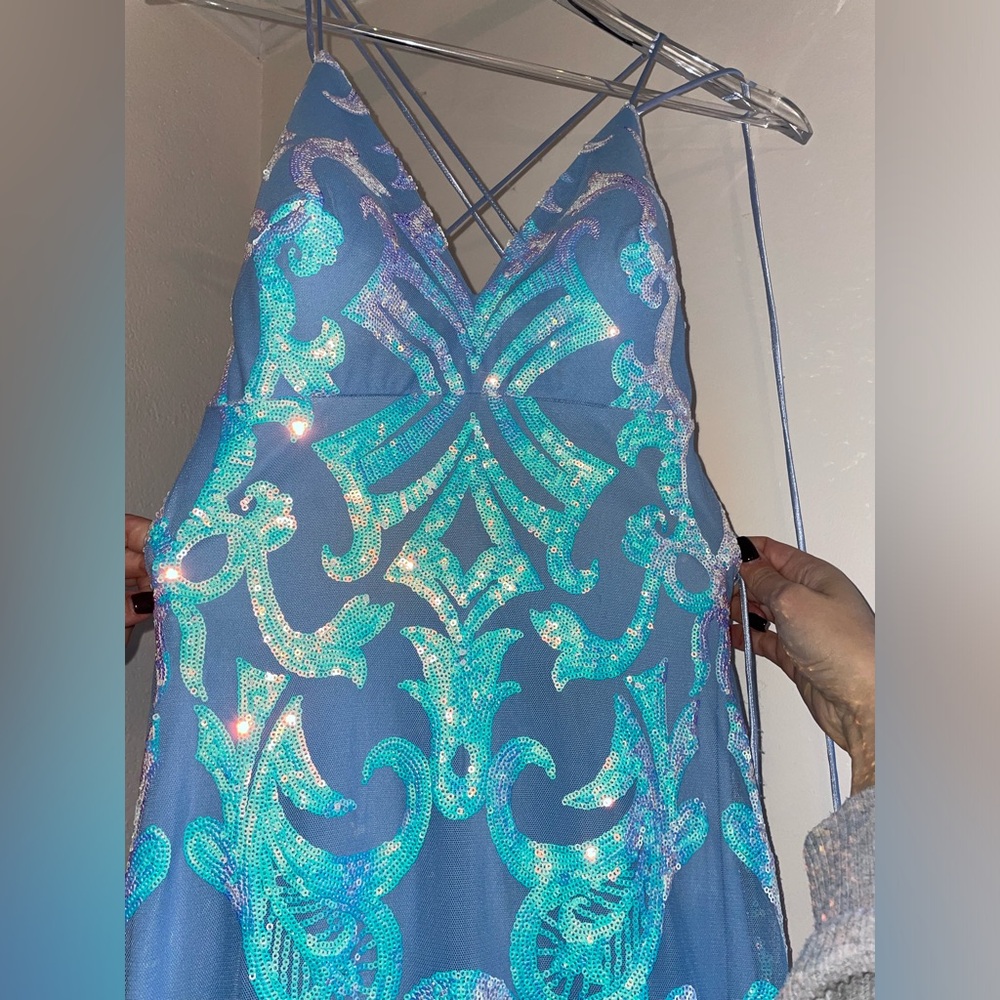 WORN ONCE Blue iridescent sequin open back dress. - Picture 5 of 7